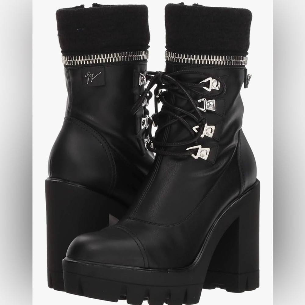 Giuseppe Zanotti Black Leather Combat Boots Women's 39 Italy Chunky Heel